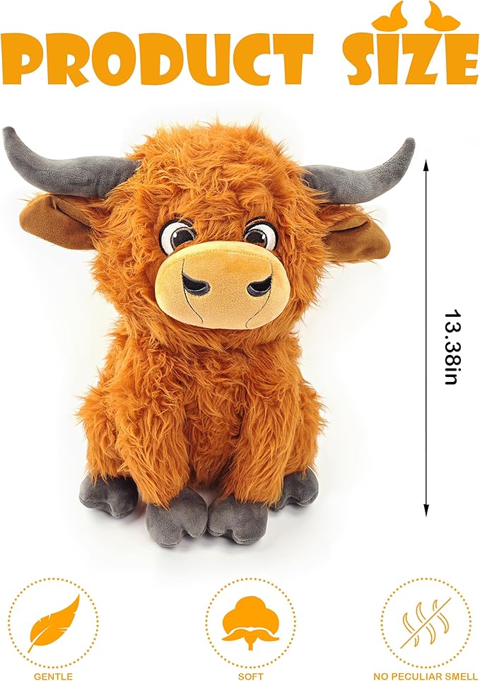 12" Highland Cow Plush Toy, Large Size Soft Stuffed Animal, Plushie, Fluffy Cute Fuzzy Highland Cattle with Horns, Adorable Gift for Kids, Toddlers & Cow Lovers, Decorative Plushie for Home or Nursery