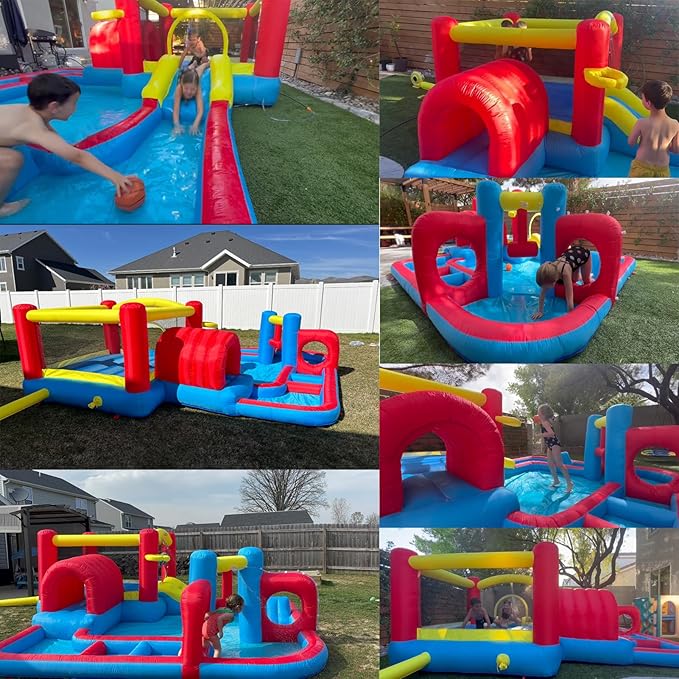 AKEYDIY Bounce House for Kids 3-10,Tunnel Obstacle, Dual Slides- Inflatable Obstacle Course Bounce House,Adventure Maze Inflatable Water Slides Park for Kids Indoor Backyard