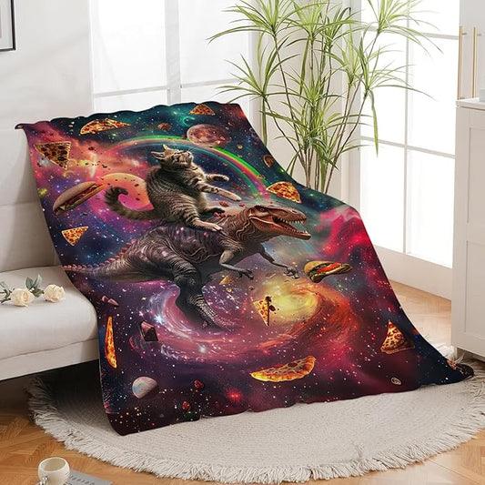 Dinosaur Cat Throw Blanket Funny Hamburger Pizza Dinosaur Cat Stuff Gifts for Kids Girls Boys Adults Women Man Soft Cozy Warm Plush Fluffy Fuzzy Fleece Blanket Decorr 60''X80''