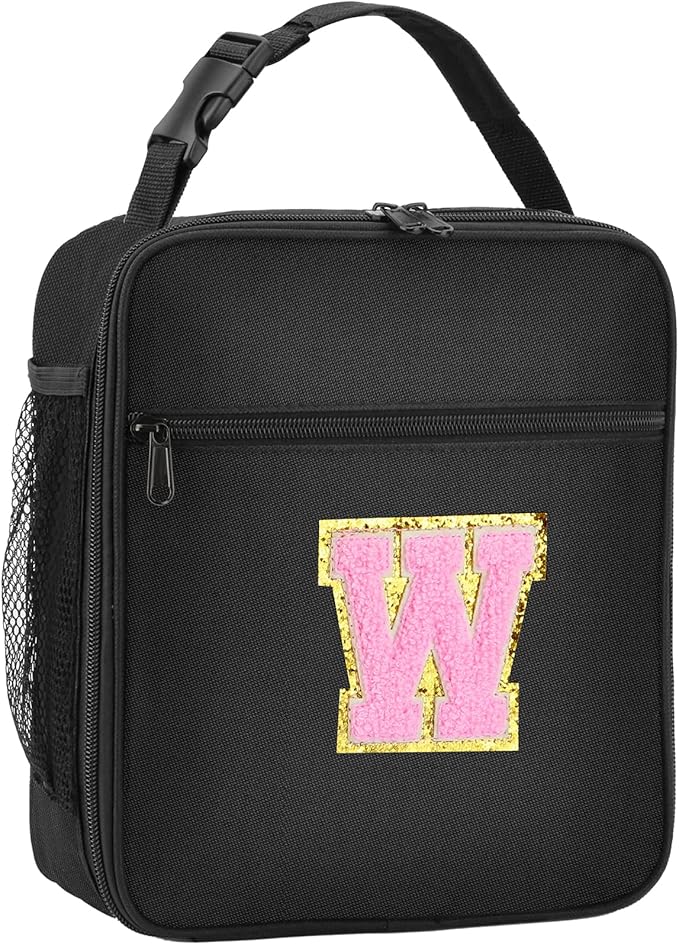 Initial Insulated Lunch Bag, Lunch Box with Initial Letter Patch for Teen Adult, Reusable Lunch Bag for Men Women, Ideal Back to School Gift Birthday Gift, Pink W