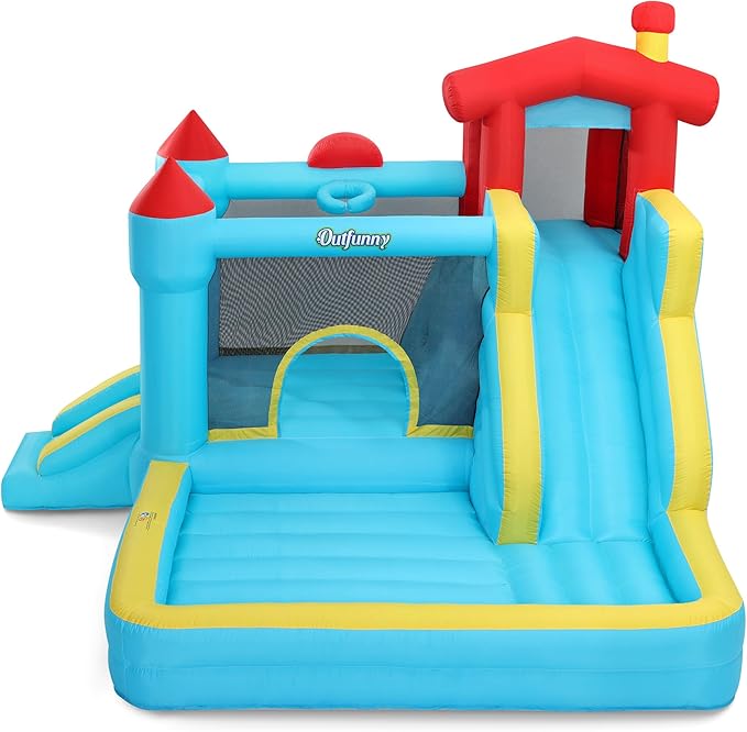 Inflatable Bounce House, Large Bouncy Castle for Kids with Slide, Outdoor & Indoor, 450W Blower - Blue