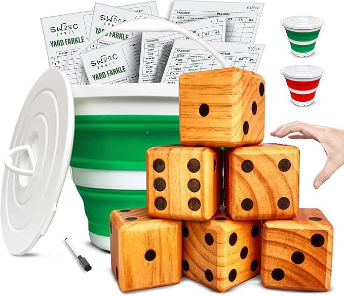 SWOOC Games - Yardzee, Farkle, & 20+ Giant Dice Games - Yard Dice (All Weather) w/Bucket, Scorecards, & Marker - Giant Outdoor Games - Giant Yard Games for Adults - Big Dice Jumbo Dice - Large Dice