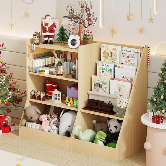 39" Large Kids Wooden Bookshelf and Toy Storage Organizer, Baby Bookcase with Sling Book Rack, Children Toddler Wooden Book Shelf for kids rooms, Playroom, Classroom, Nursery, School (Natural)