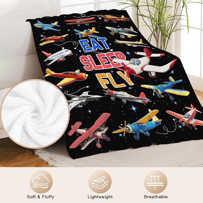 Airplane Throw Blanket for Kids, Cute Aircraft Plane Fleece Blanket Gifts for Boys Girls, Warm Cozy Soft Flannel Stuff for Bed Sofa Couch 80" x 60"