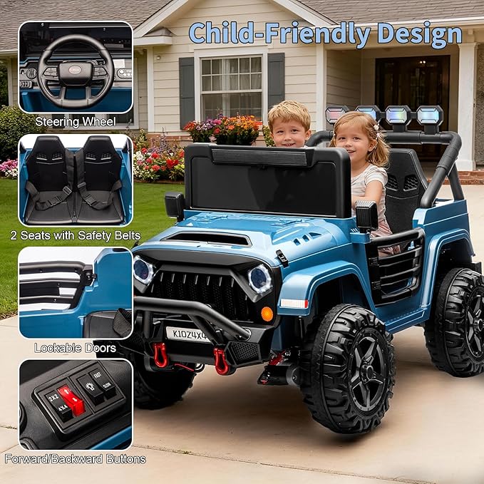 24V Ride on Toys for Kids, 2 Seater Electric Ride on Car w/Remote Control, 4 Powerful Motors, 4WD/2WD, 3 Speeds, Led Lights, Bluetooth, Ride on Truck for Kids Toddler, Lake Blue