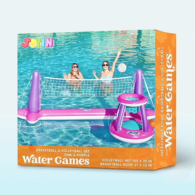JOYIN Inflatable Pool Float Set Volleyball Net & Basketball Hoops, Floating Swimming Game Toy Floaties for Kids and Adults Volleyball Court (105”x28”x35”)|Basketball (27”x23”x27”),L-Pink Purple
