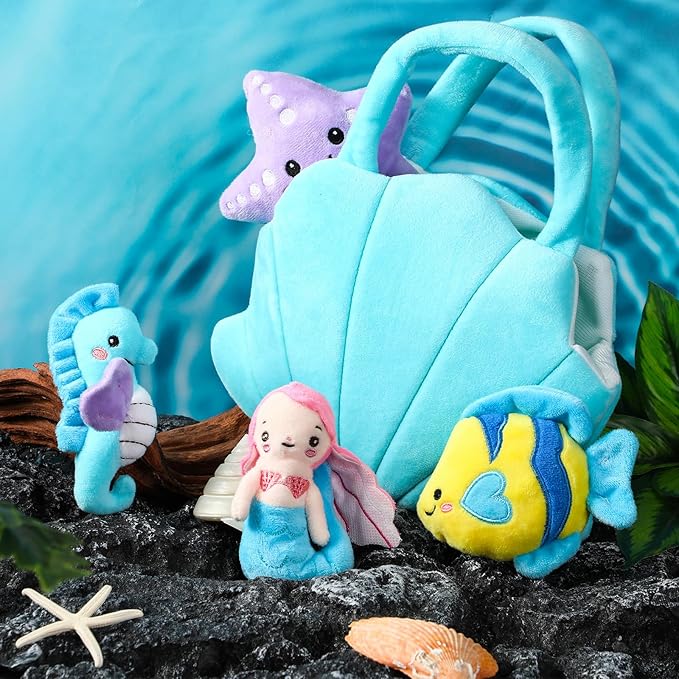 Syhood 5 Pieces Ocean Stuffed Animals Plush Set Include 1 Shell Carrying Bag Toy Set with Small Mermaid Seahorse Starfish Fish Sensory Toy for Boys and Girls Huggable Sleeping Holiday Birthday Gifts