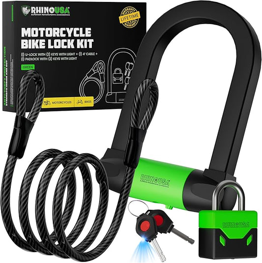 Rhino USA Bike Lock Set - Heavy Duty Anti Theft U Lock, 4FT Steel Security Cable, Padlock, 4 Lighted Keys. Dual Purpose Locks for EBike, Motorcycle, Electric Scooter, Bicycle