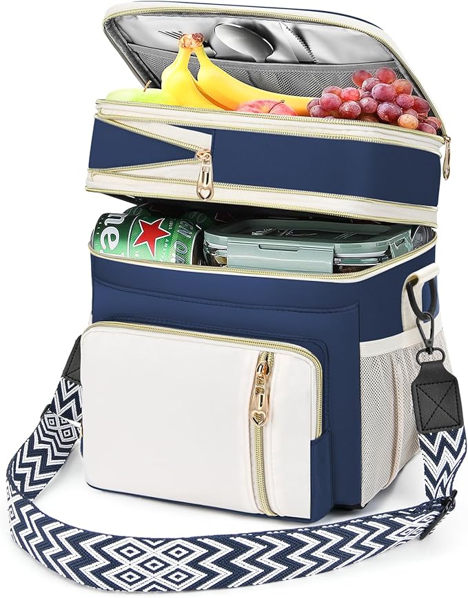 LOKASS Lunch Box for Women/Men-16L-Insulated Lunch Bag, Expandable Double-layer Leakproof Cooler Bag with Upgrade Adjustable Shoulder Strap Ideal for Work/Travel/Picnics（Dark Blue）