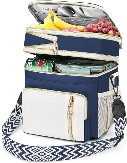 LOKASS Lunch Box for Women/Men-16L-Insulated Lunch Bag, Expandable Double-layer Leakproof Cooler Bag with Upgrade Adjustable Shoulder Strap Ideal for Work/Travel/Picnics（Dark Blue）