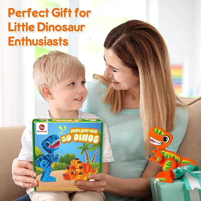 Mocoosy Wooden Dinosaur Painting Art and Craft Kit for Kids 3-5, Build & Decorate Your Own Dinos with Paint and Stickers, Wood Dinosaur T-Rex STEM Game Montessoi Toys Educational Gift for Boys Girls