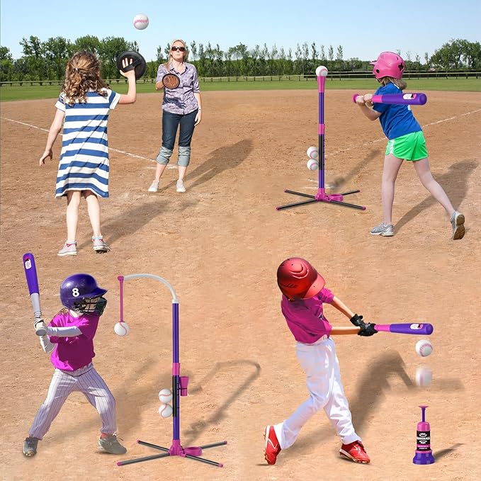 4 in 1 T Ball Sets for Kids 3-5 with Toss and Catch Ball Set, Hanging Tee Stand with Auto Pitching Machine/ 2 Bats, Indoor Outdoor Toys Baseball Gifts for Toddler Boys Girls, Purple
