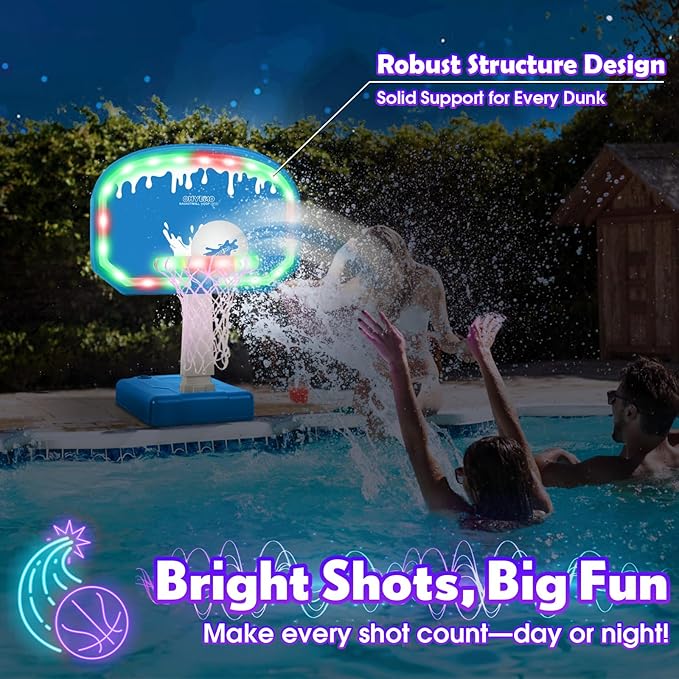 2-in-1 LED Pool Volleyball & Basketball Game Set, Light Up Pool Sport Combo Set with 14in LED Rim/4 Glow Balls/2 Base/Pump, Inground Swimming Pool Toy Game for Adults & Family