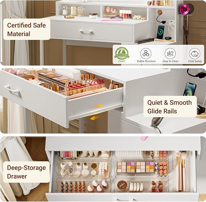 Vanity Desk with Mirror and Lights, Makeup Vanity with Storage Drawer, Power Outlet and Large Cabinet for Bedroom - White