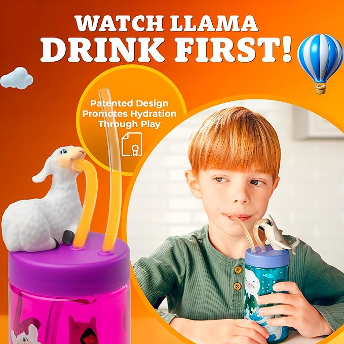Kids Water Bottle, Toddler Cups, Tumbler with Lid and Straw, Travel Sippy Cup for Water or Milk, Kids Cups with Lids for Toddlers 3 and Up, BPA Free Plastic, 12 oz (Trend Zoo Llama)