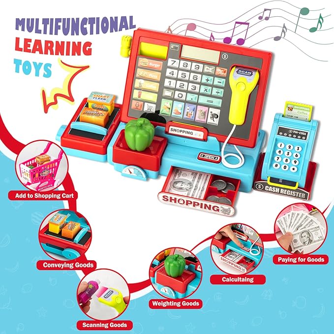 Cash Register for Kids Real Calculator Kids Cash Register with Scanner Toy for 3 4 5 6 7 8 Year Old Boy Pretend Play Store with Music / Food / Shopping Cart Learning Toys Gifts for Boys Ages 4-8