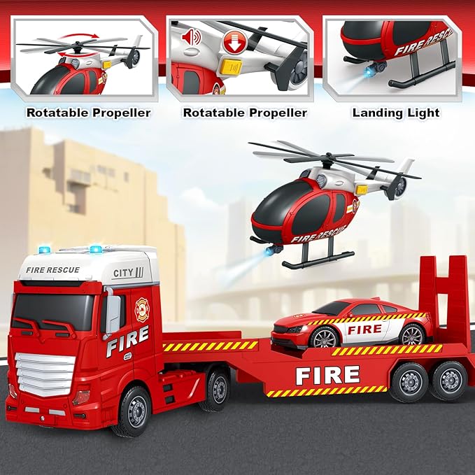 SpringFlower Truck Toddler Boy Toys, 25" Large Fire Truck Toy with Racing Car and Helicopter,3 in 1 Lights Sounds Fire Boy Vehicle, Christmas Birthday Gifts for Kids 3 4 5 6 Years Old