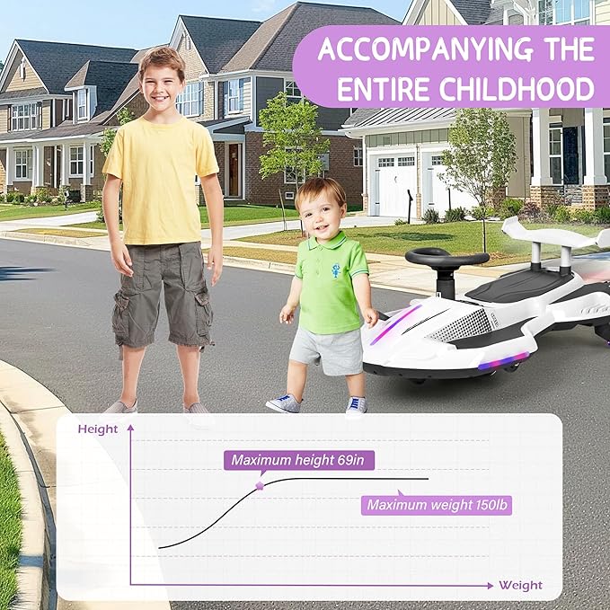 12V Electric Wiggle Car with Pedal for Kids, Rechargeable 2 in 1 Swing Car, Drifting Ride On Toys with Backrest, Anti-Rollover, Spray, Flashing Light, Music, for Ages 3 and Up, 150 Lbs (White)