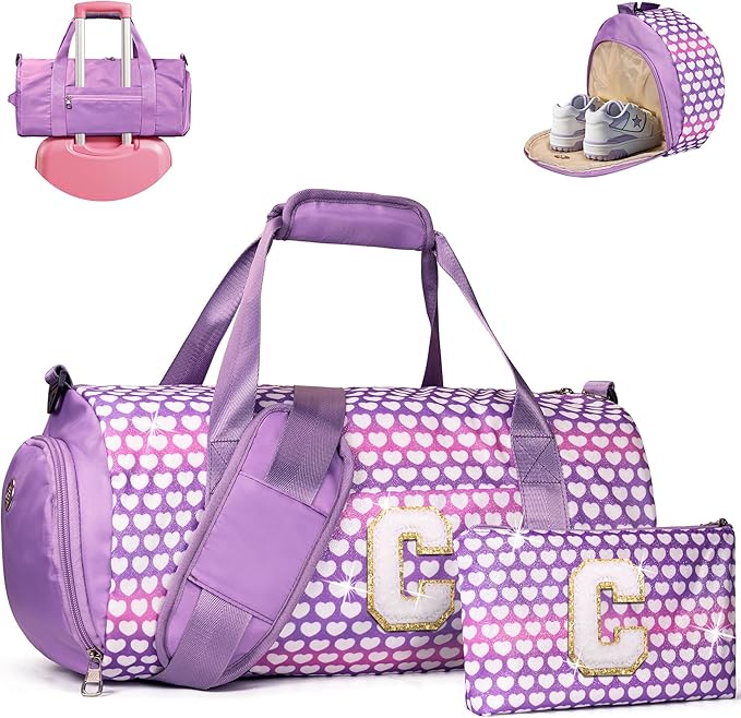 Gifts for 4 5 6 7 8 Year Old Girl, Girls Travel Duffel Bag, Kids Initial Overnight Bags with Shoe Compartment, Personalized Gym Ballet Dance Bag with Makeup Pouch, Birthday Gift (Letter C)