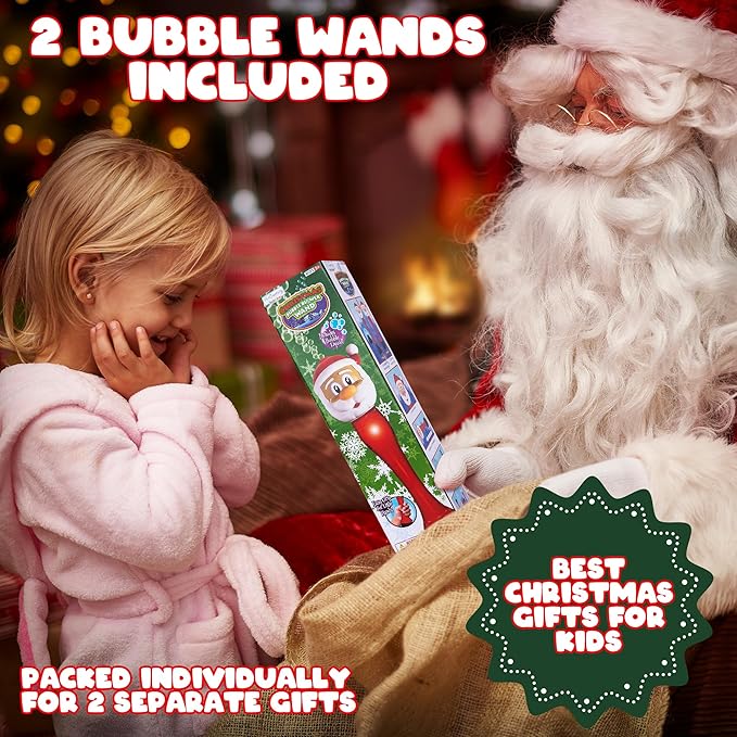ArtCreativity Light Up Christmas Bubble Wands for Kids (2 Pack), Xmas Gifts for Grandkids, 14" Illuminating Bubble Blower with Thrilling LED & Sound, Goodie Bag Stocking Stuffers for Ages 3+