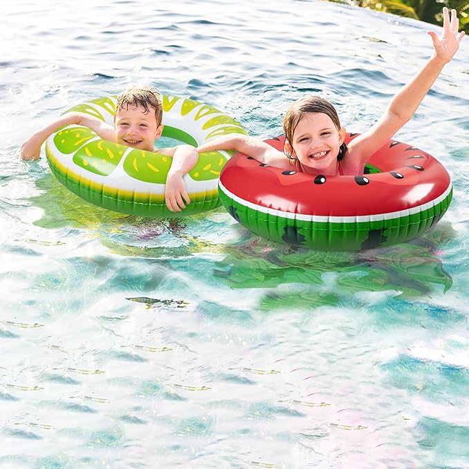 90shine 4PCS Fruit Pool Floats: Watermelon Kiwi Orange Lime Swimming Rings - Inflatable Tubes Floaties Toys for Kids Adults