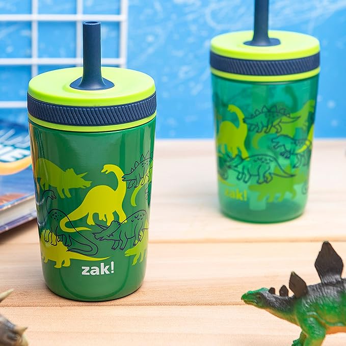 Zak Designs Dino Camo Kelso Tumbler 3pc Set, Leak-Proof Screw-On Lid with Straw, Bundle for Kids Includes Plastic and Stainless Steel Cups with Additional Sipper