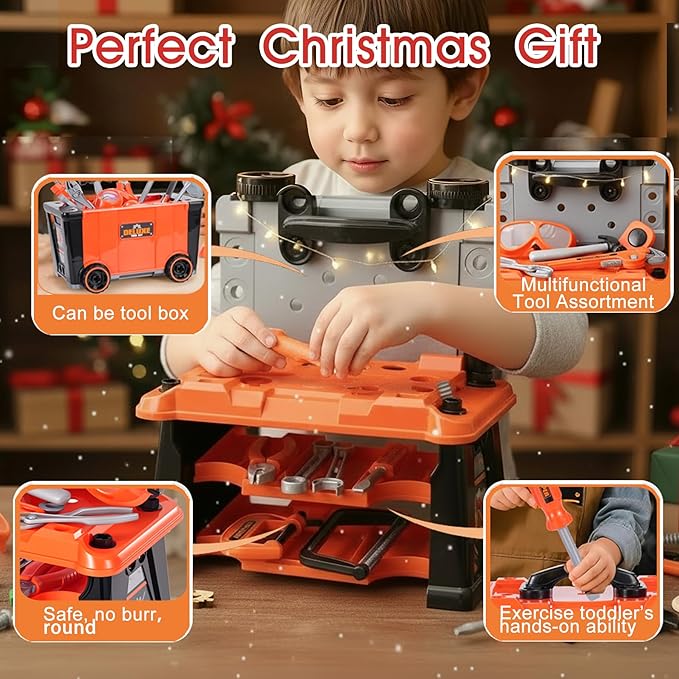 REXBETI Kids Tool Set with Tool Box and Electronic Toy Drill, Pretend Play Kids Construction Kits, Toddler Tool Set, Birthday Gifts for Kids Ages 3-8 Years Old