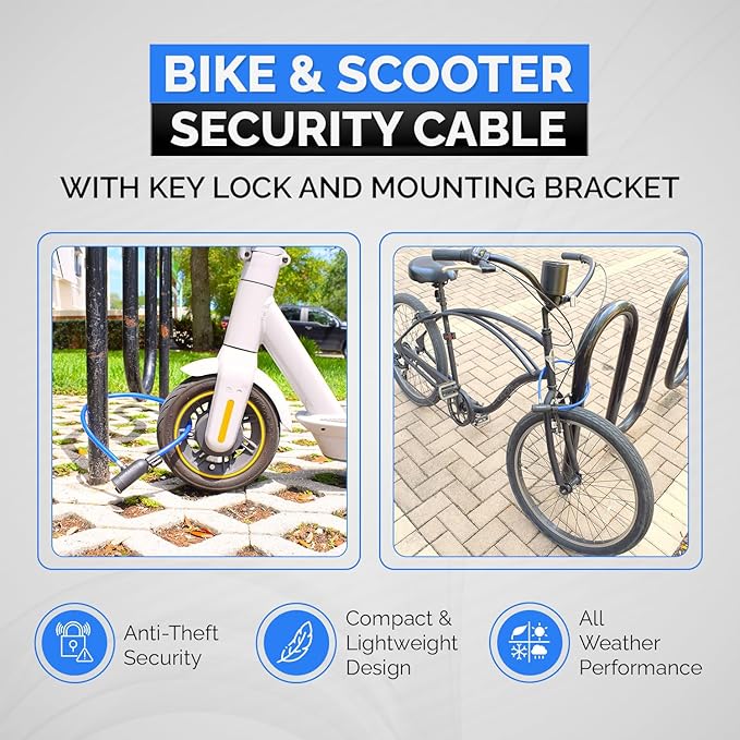 Bike Cable Lock Set with Key Lock, Mounting Bracket, Portable and Compact Anti-Theft Security for Bikes, Scooters and More 4ft