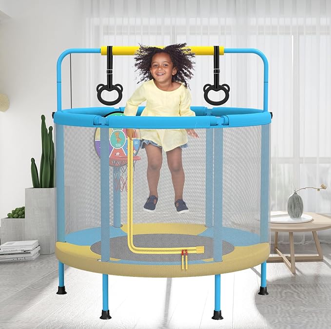 LANGXUN 60" Trampoline for Kids, 5ft Toddler Mini 6-in-1 Trampoline Indoor Outdoor with Swing, Basketball Hoop, Dart Board, Rings, Christmas Toys Birthday Gifts for Girls Boys