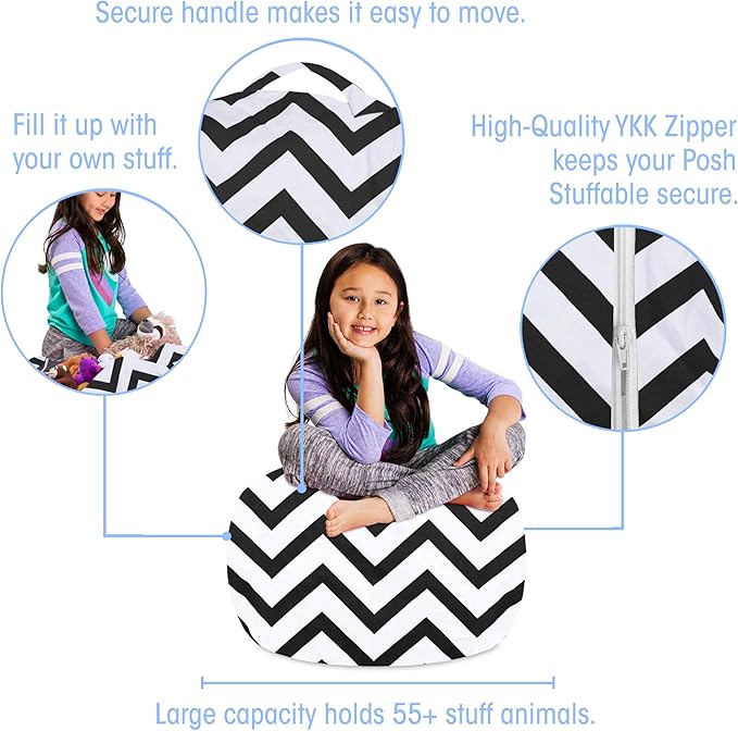 Posh Creations Kids Stuffed Animal Storage Bean Bag Chair Cover - Childrens Toy Organizer, Medium-27in, Canvas Chevron Black and White