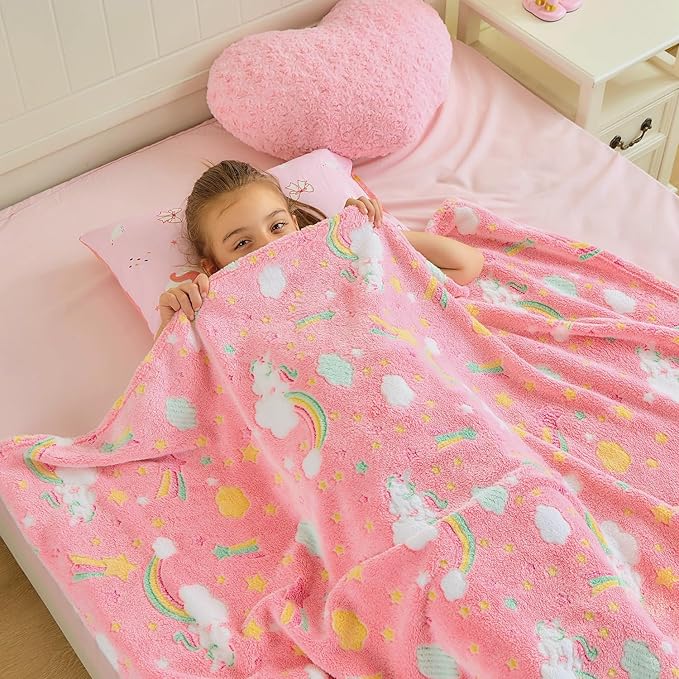Wajade Rainbow Gifts Toys for Girls - Glow in The Dark Rainbow Blanket Birthday Christmas Decor for Kids Age 3 4 5 6 7 8 9 10 11 12 Years Old Teens Child Toddler Throw Pink 60"x80"