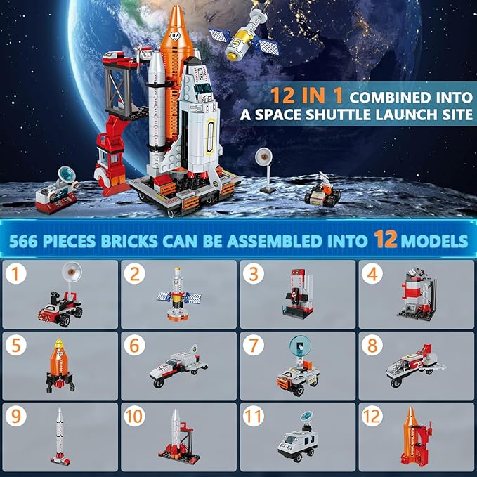 WEMEMORN Space Exploration Shuttle Rocket Toys for 6 7 8 9 10 11 12 Year Old Boys Kids, 12-in-1 STEM Aerospace Building Blocks Kit Toys, Ideal Birthday for Aged 6-12 Year Old Boys (566Pieces)