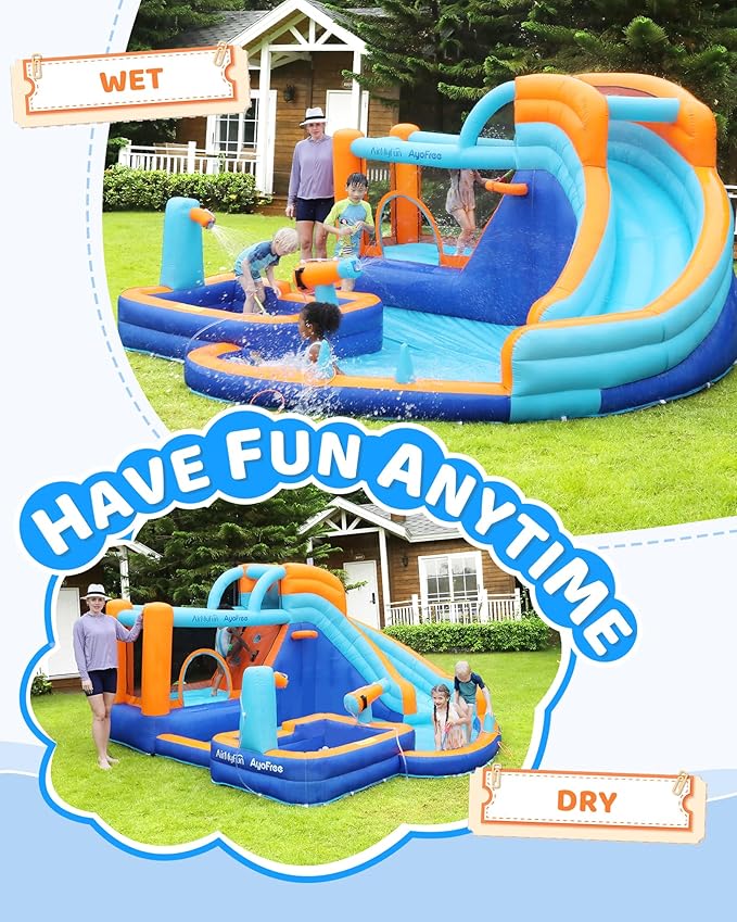 AirMyFun Inflatable Bounce House Water Slide with Curved Slide & Ball Pit Splash Pool - Kids Outdoor/Indoor Water Play Center for Backyard, Birthday Parties - Includes Basketball Hoop & Blower