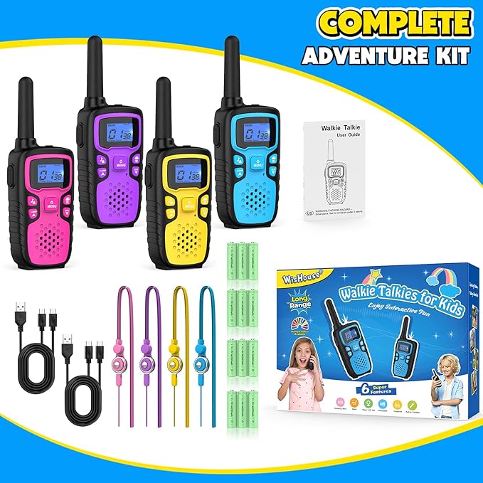 Wishouse Walkie Talkies for Kids Rechargeable Long Range,Xmas Birthday Gift for 4 5 6 7 8 9 Year Old Boys Girls,Hiking Gear Camping Games Cool Toys with NOAA,SOS Siren,Lamp,Lanyards,Easy to Use,4 Pack