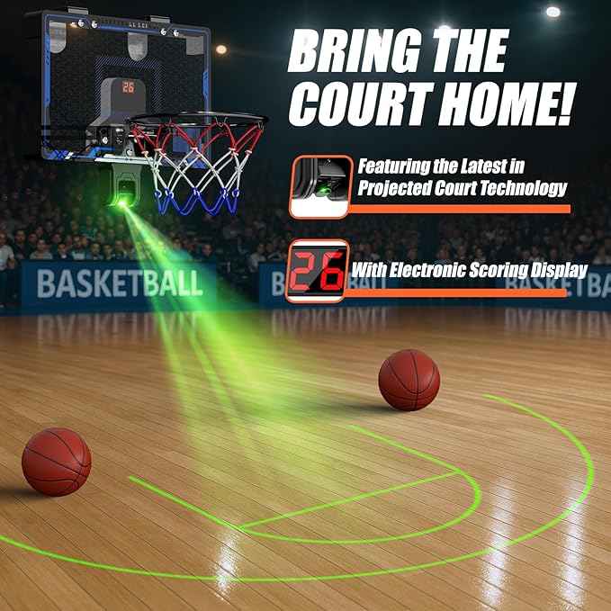 HopeRock Indoor Basketball Hoop with Projected Court, Basketball Hoops for Kids Over The Door with Scoreboard & 3 Balls, Mini Hoops Basketball Toys Gifts for 5 6 7 8 9 10 11 12 Year Old Boys Girls