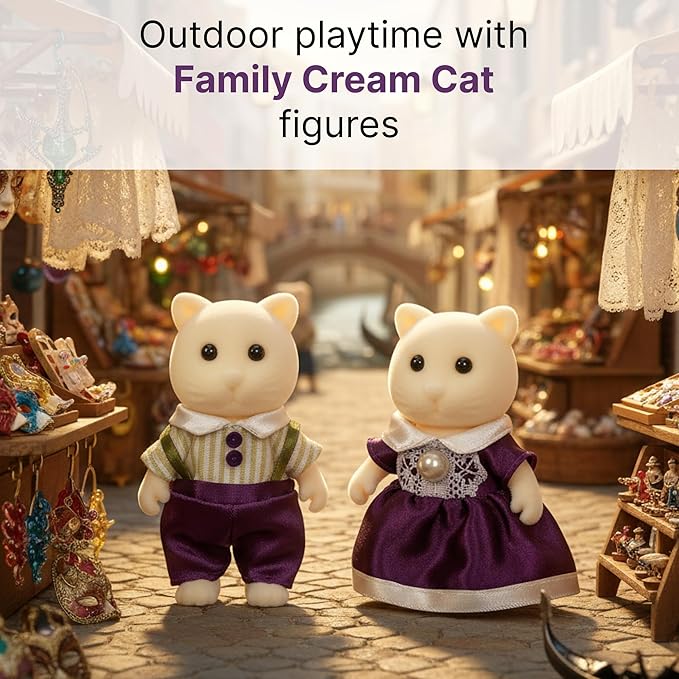 Family Cream Cat Figures — Set of 2 Collectible Flocked Mini Dolls with Removable Clothes, Miniature Dollhouse Pretend Play Figures for Kids Ages 3+