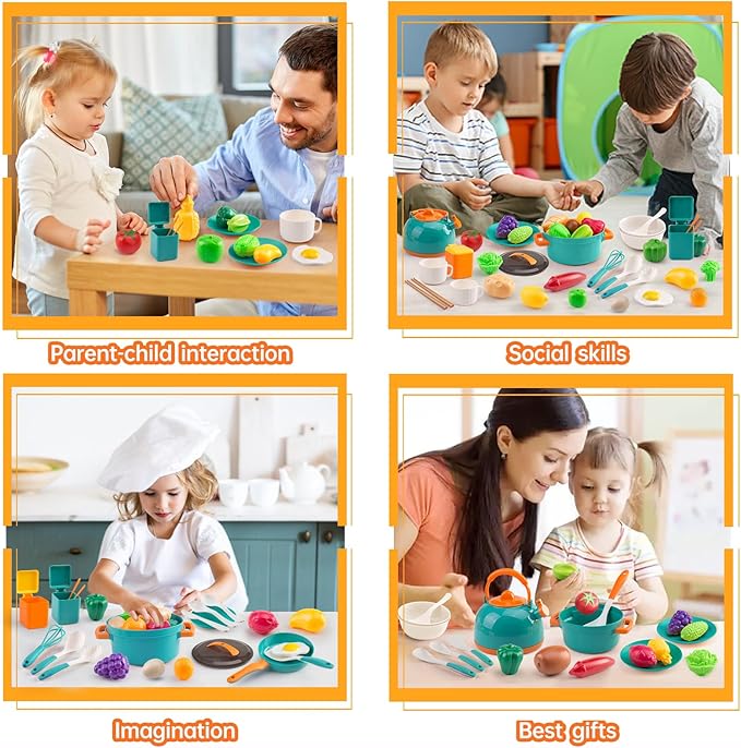 56Pcs Mini Play Kitchen Accessories for Kids, Pretend Cooking Playset with Cookware, Tableware & 2 Fruit Sets, Learning Gift for Girls, Boys, Toddlers, Green