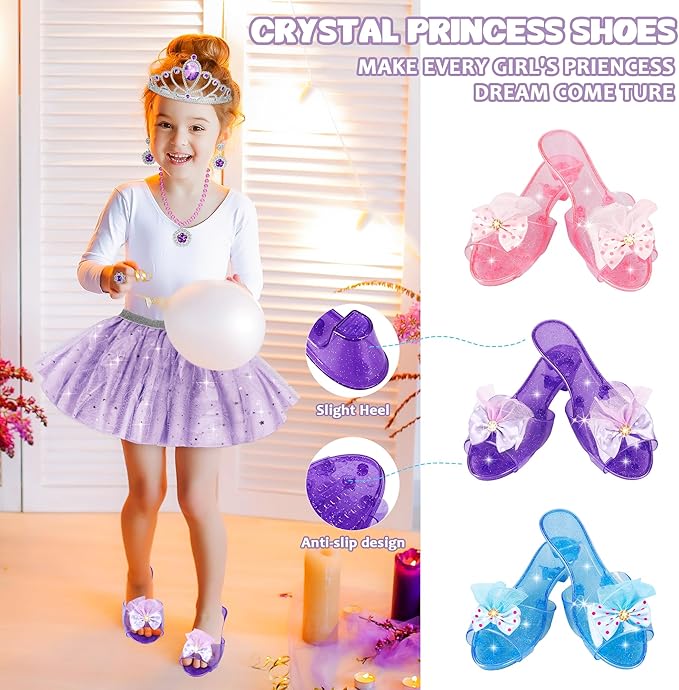 Princess Dress Up Toys & Jewelry Boutique, Costumes Set incl Color Skirts, Shoes, Crowns, Accessories, Girls Role Play Gift for 3 4 5 6 Year old Girl Toddler B-day Party Favors