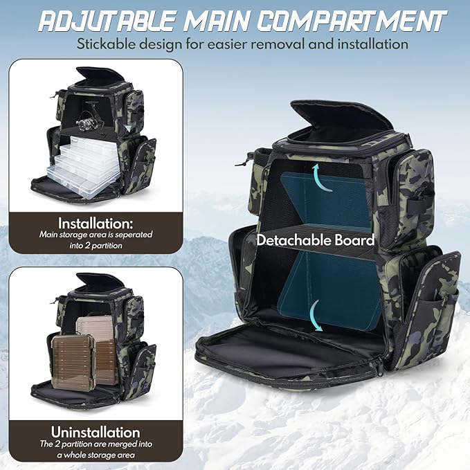 Anpress 38L Fishing Tackle Backpack with 2 Rod Holder Waterproof Large Storage Outdoor Tackle Bag Fishing Rucksack Bag for 4 Trays, Tackle Storage Backpack for Camping Hiking Traveling Cycling