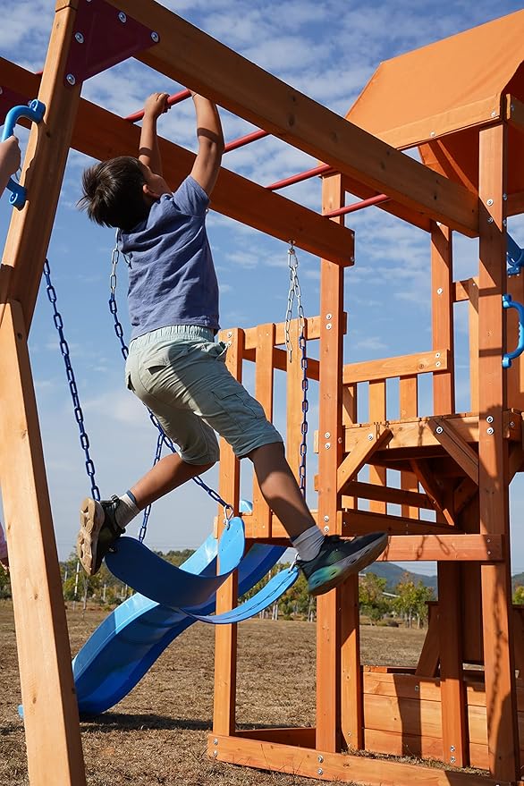 Dolphin Playground Wooden Swing Sets for Backyard with Monkey Bar, Outdoor Playset for Kids with 2 in 1 Outdoor Table, Wave Slide, Climbing Wall, and 2 Belt Swings, Heavy Duty Playground Accessories