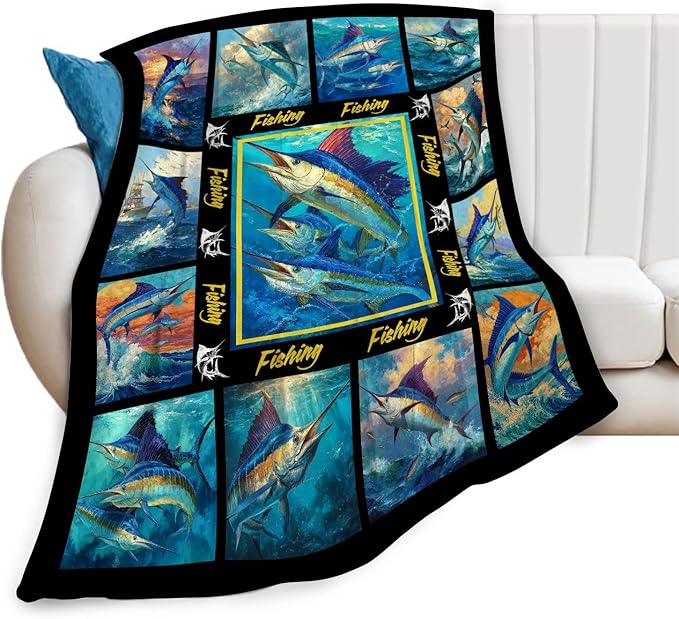 Fish Throw Blanket Fishing Marlin Stuff Gifts for Kids Girls Boys Adults Women Men Soft Cozy Warm Plush Fluffy Fuzzy Fleece Blanket Decor 50''X60''