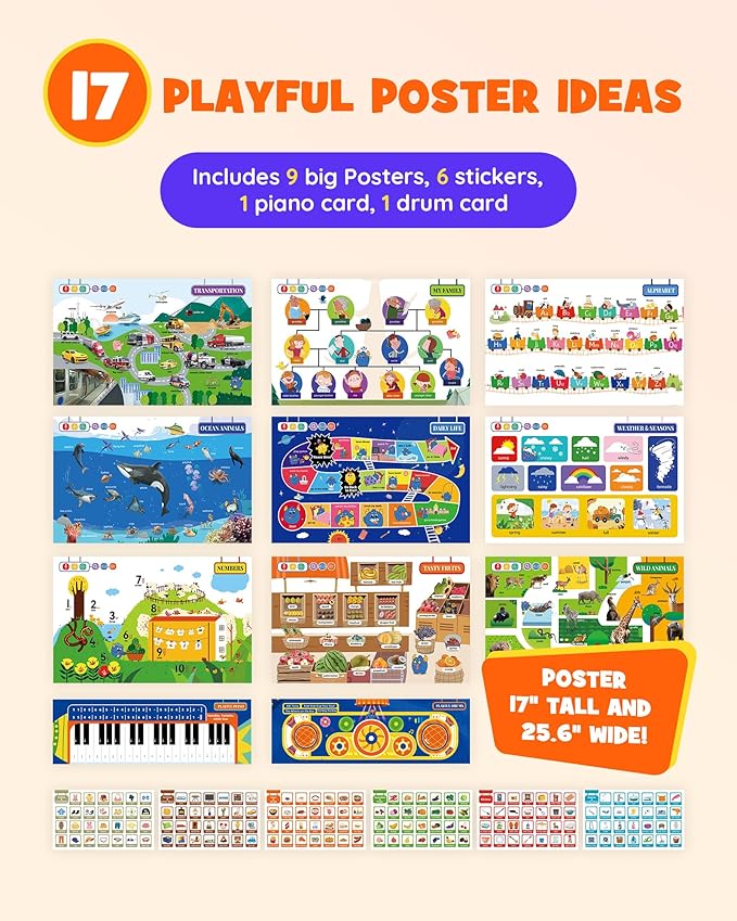 TEKFUN Learning Toys for 3 Year Old,Toddler Educational Posters with Talking Pen,ABC Learning Sight Word Games for Toddlers 2-4 Years,Learn to Read Toys with Sensory Stickers