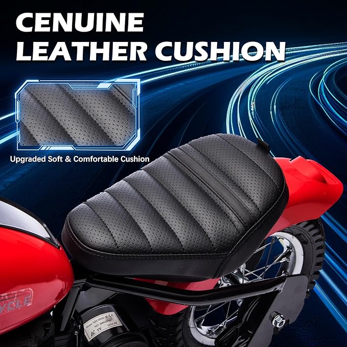 Kids Electric Motorcycle, 24V Electric Dirt Bike for Kids, 250W Motor 14MPH Fast Speed Retro Motocross, Electric Dirt Bike with LED Lights, Leather Seat, Red