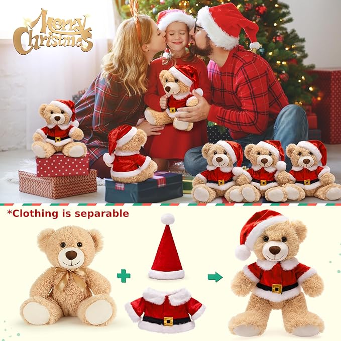 MaoGoLan 14 inch Christmas Teddy Bear Stuffed Animal Plush Bear with Classic Outfits - Removable 8'' Santa Coat & Hat Suitable for Most Small Plush Toys - Christmas Decorations & Gifts, 1 Pack