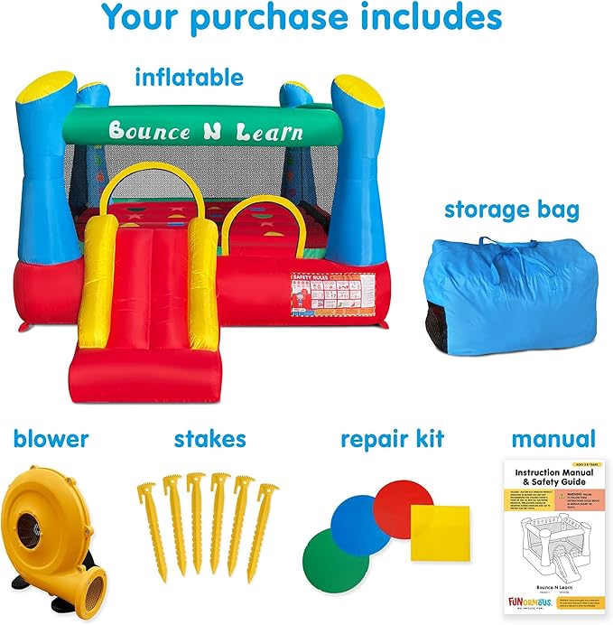 Funormous Educational Inflatable Bouncy House for Kids Outdoor Jump 'n Slide Bounce House with Blower Included for Kids Ages 3-8