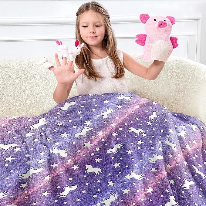 Wajade Unicorn Gifts Toys for Girls - Glow in The Dark Unicorn Blanket Birthday Christmas Decor for Kids Age 3 4 5 6 7 8 9 10 11 12 Years Old Teens Child Toddler Throw Purple 50"x60"