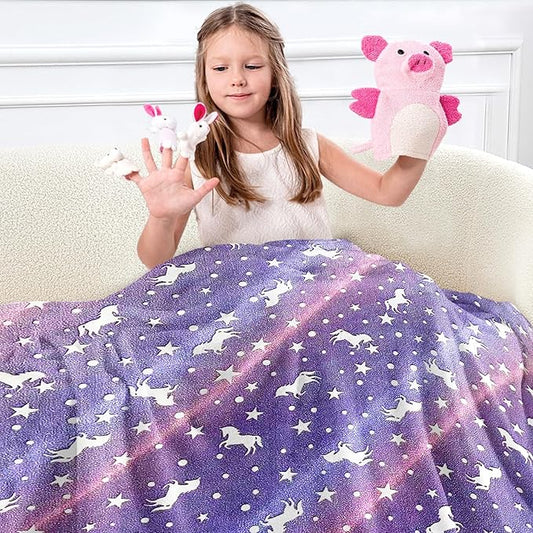 Wajade Unicorn Gifts Toys for Girls - Glow in The Dark Unicorn Blanket Birthday Christmas Decor for Kids Age 3 4 5 6 7 8 9 10 11 12 Years Old Teens Child Toddler Throw Purple 60"x80"