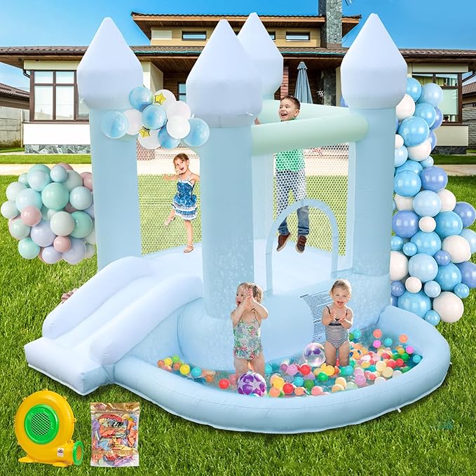 Kids Bounce House, Inflatable Bounce House with Ball Pit & Slide Toddler Indoor Bounce House Portable Fun House Outdoor Wet or Dry Bounce House with Blower for Party 9 * 9 * 7 FT (Blue)