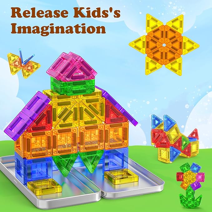 Mini Magnetic Tiles Travel Magnetic Tiles with Iron Box,42PCS Magnet Building Block Set Travel Toys for Kids Ages 3+,Educational Portable Magnet Toys Gifts for Toddlers Boys & Girls Christmas Birthday