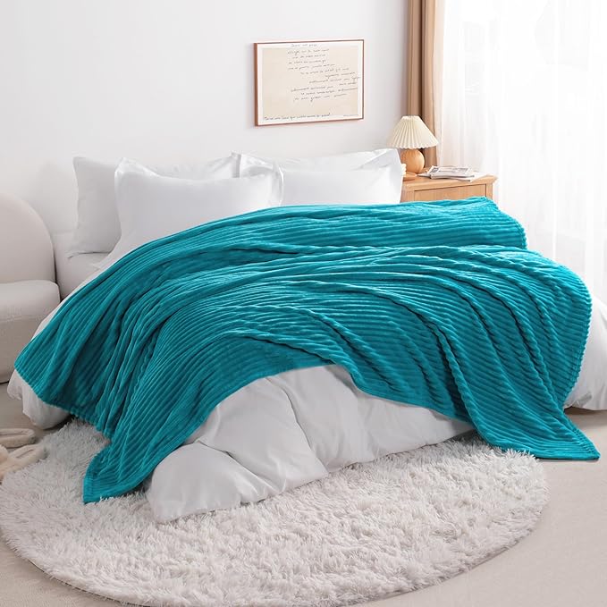 NTBAY Plush Flannel Oversized Baby Blanket, 50X60 Inches Soft and Warm Toddler Blanket with Striped Texture Nursery Bed Blanket for Stroller, Crib, Travel, Baby Gift, 50"x60", Turquoise